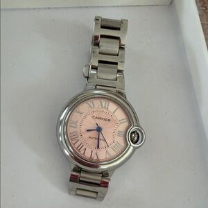 Cartier Silver Watch with Pink Face